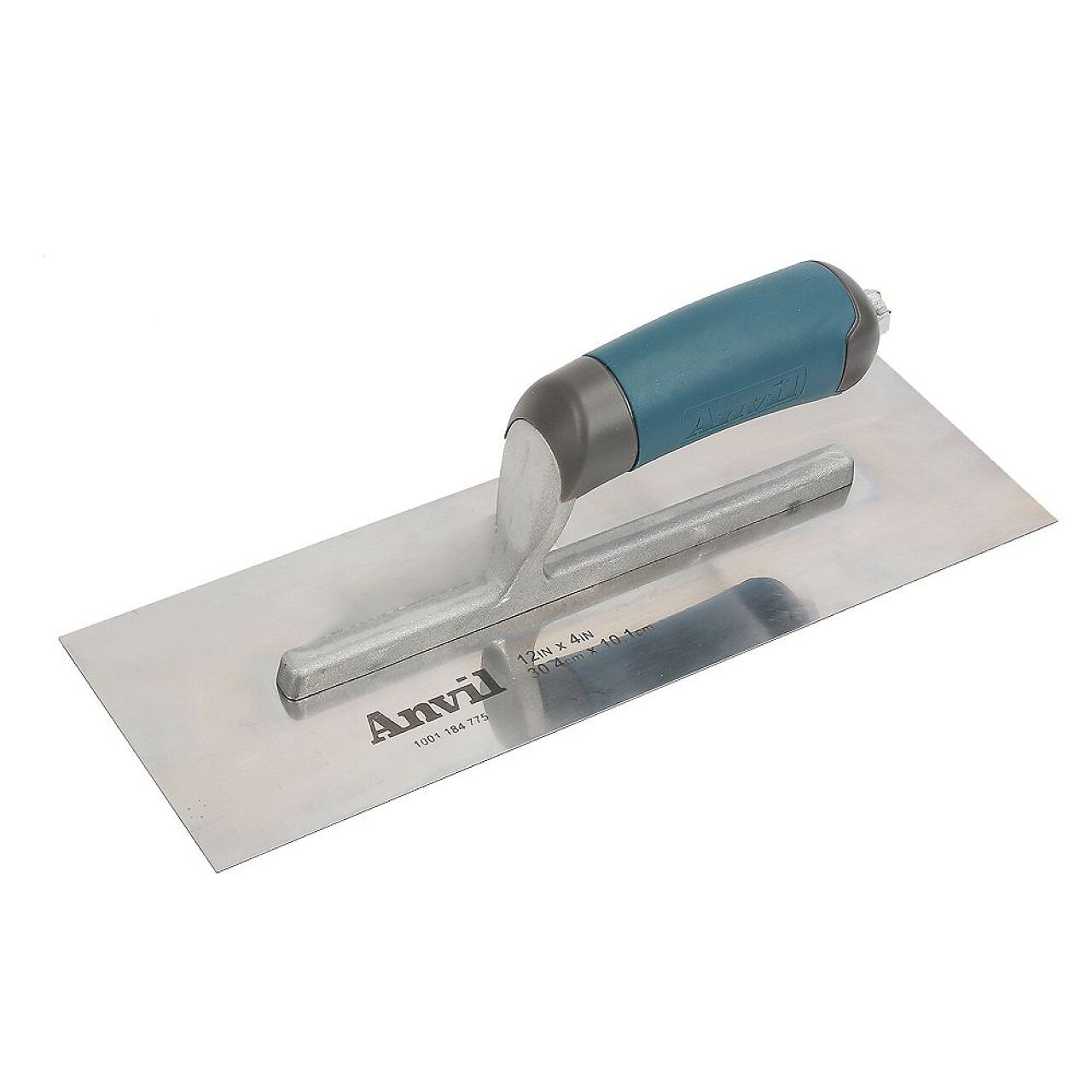The 12 in. x 4 in. Stainless Steel Trowel by Go Build, The Fastest Way To Build, has a rectangular steel blade and ergonomic blue/gray handle—ideal for spreading or smoothing cement or plaster. Brand and size are printed on the blade.